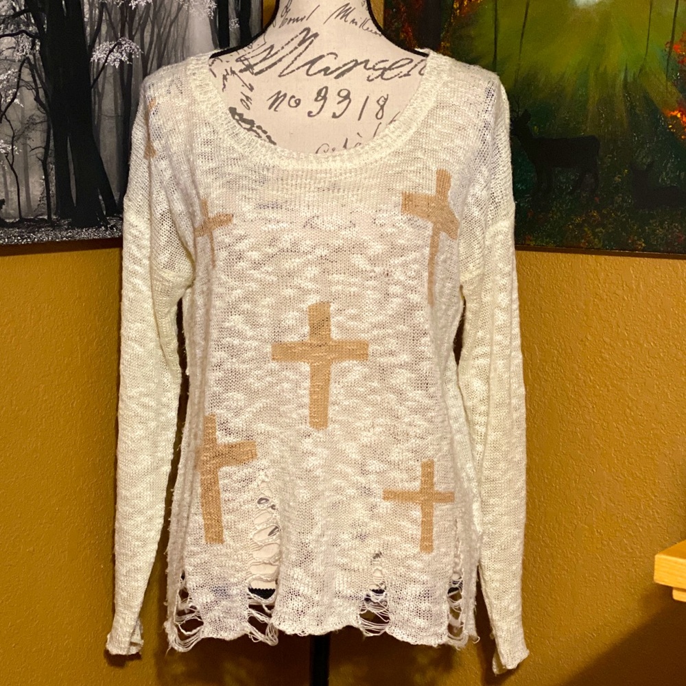 Cross Print Distressed Look Light Knit Sweater